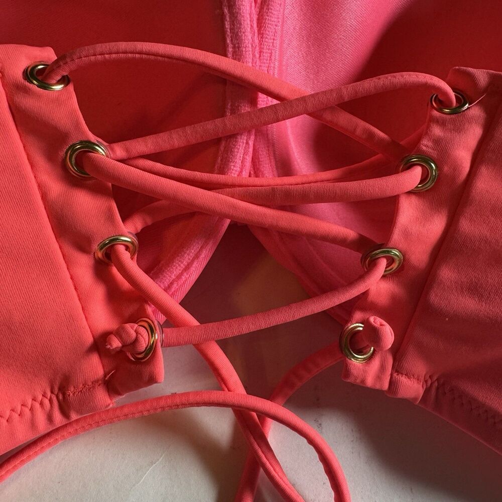 Victoria's Secret Bright Pink bandeau bikini top Lace Up Back Swim Size 36DD - Picture 4 of 8